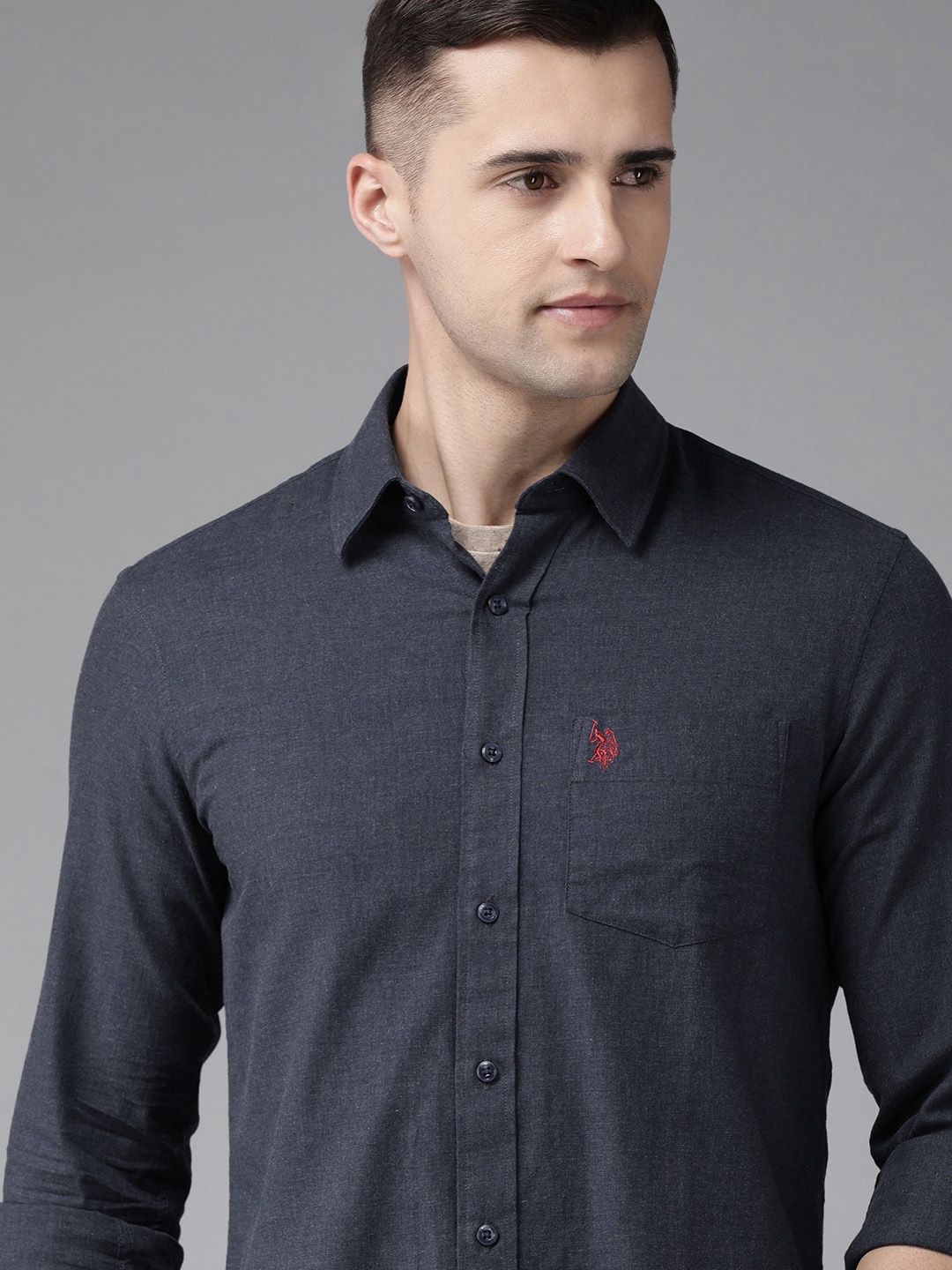 

U S Polo Assn Men Navy Blue Solid Tailored Fit Casual Shirt