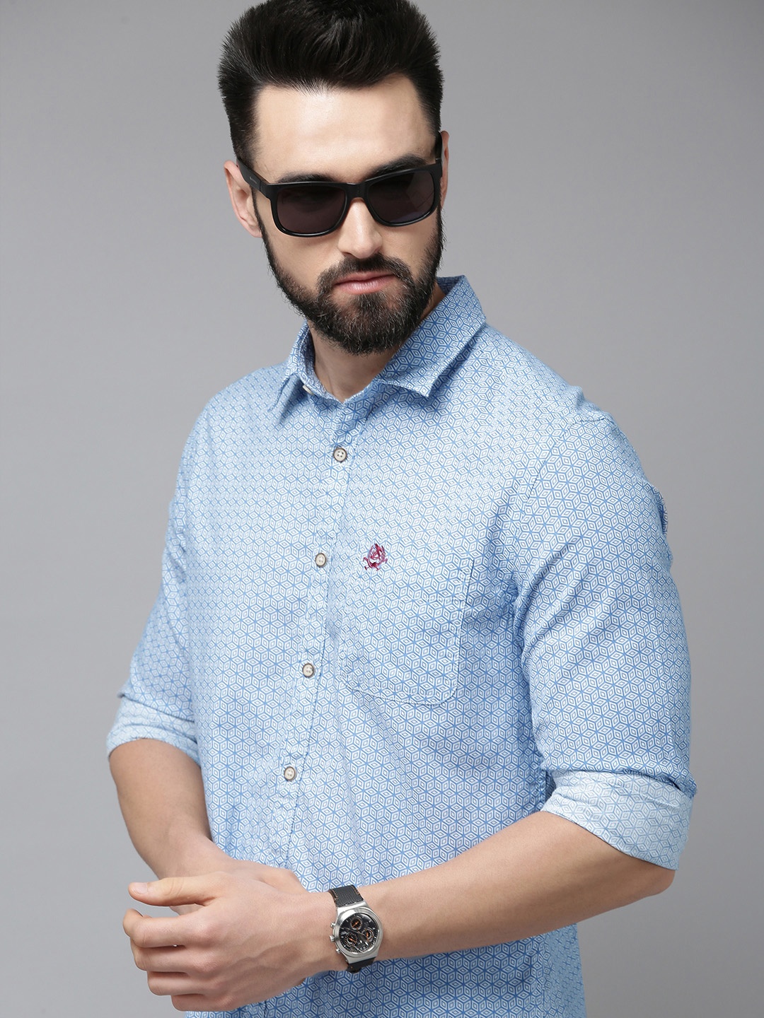 

U S Polo Assn Denim Co Men Blue Slim Fit Printed Pure Cotton Casual Shirt