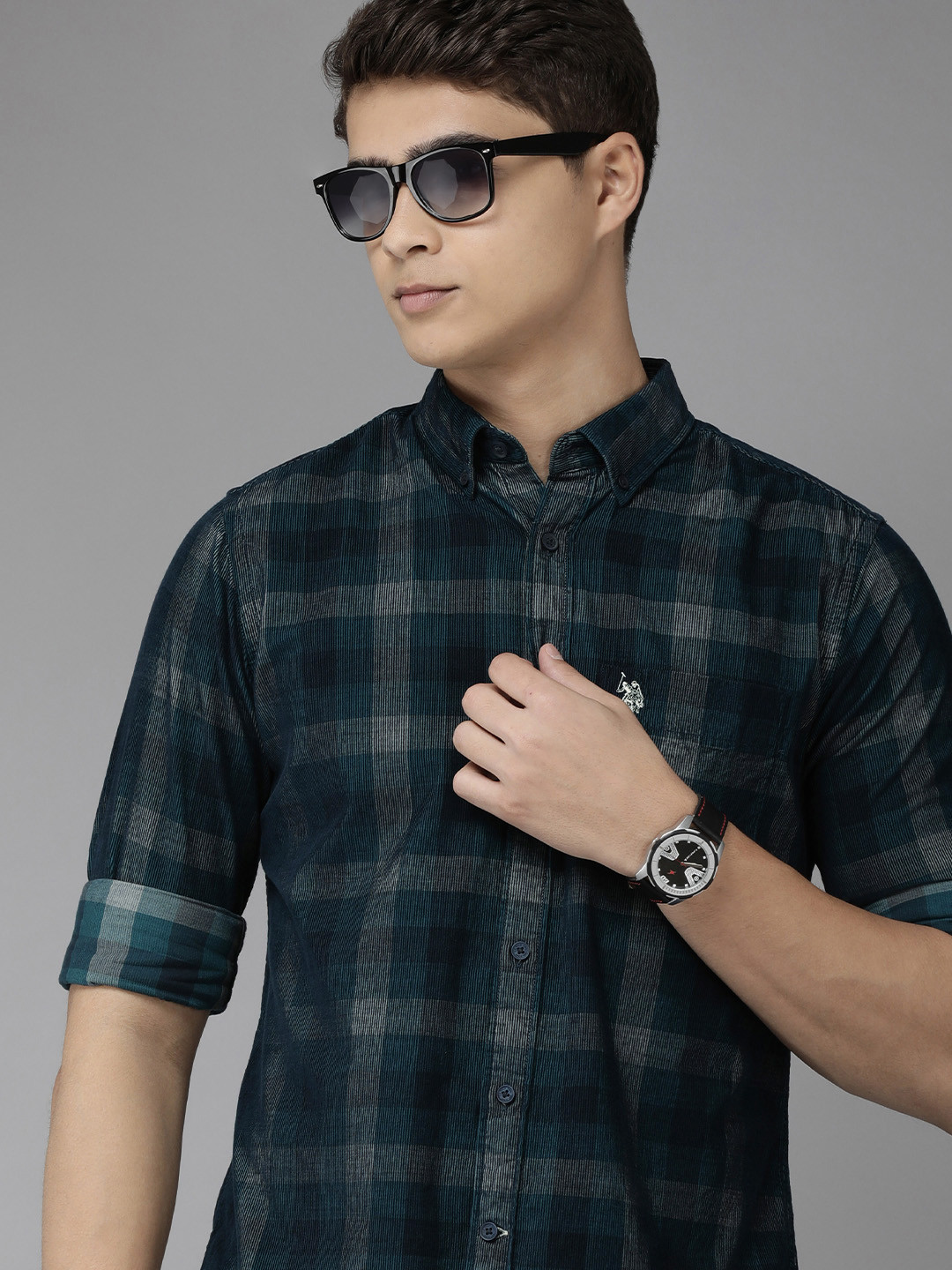 

U S Polo Assn Men Teal Checked Pure Cotton Casual Shirt