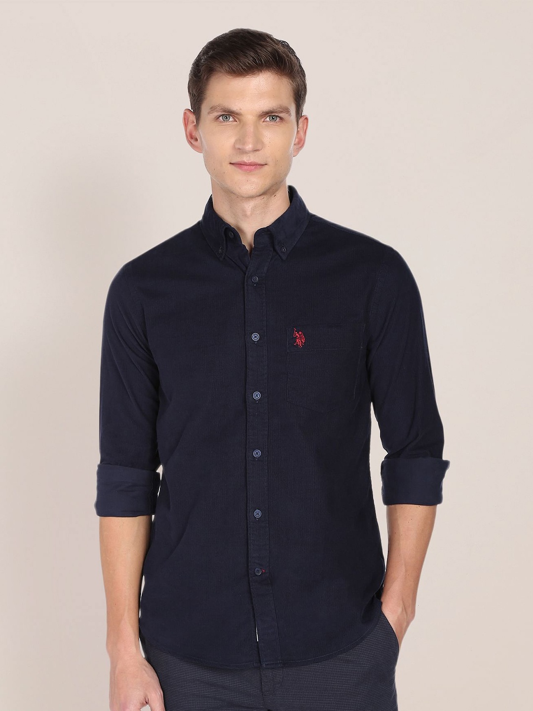 

U.S. Polo Assn. Men Navy Blue Tailored Fit Solid Opaque Pure Cotton Casual Corduroy Shirt
