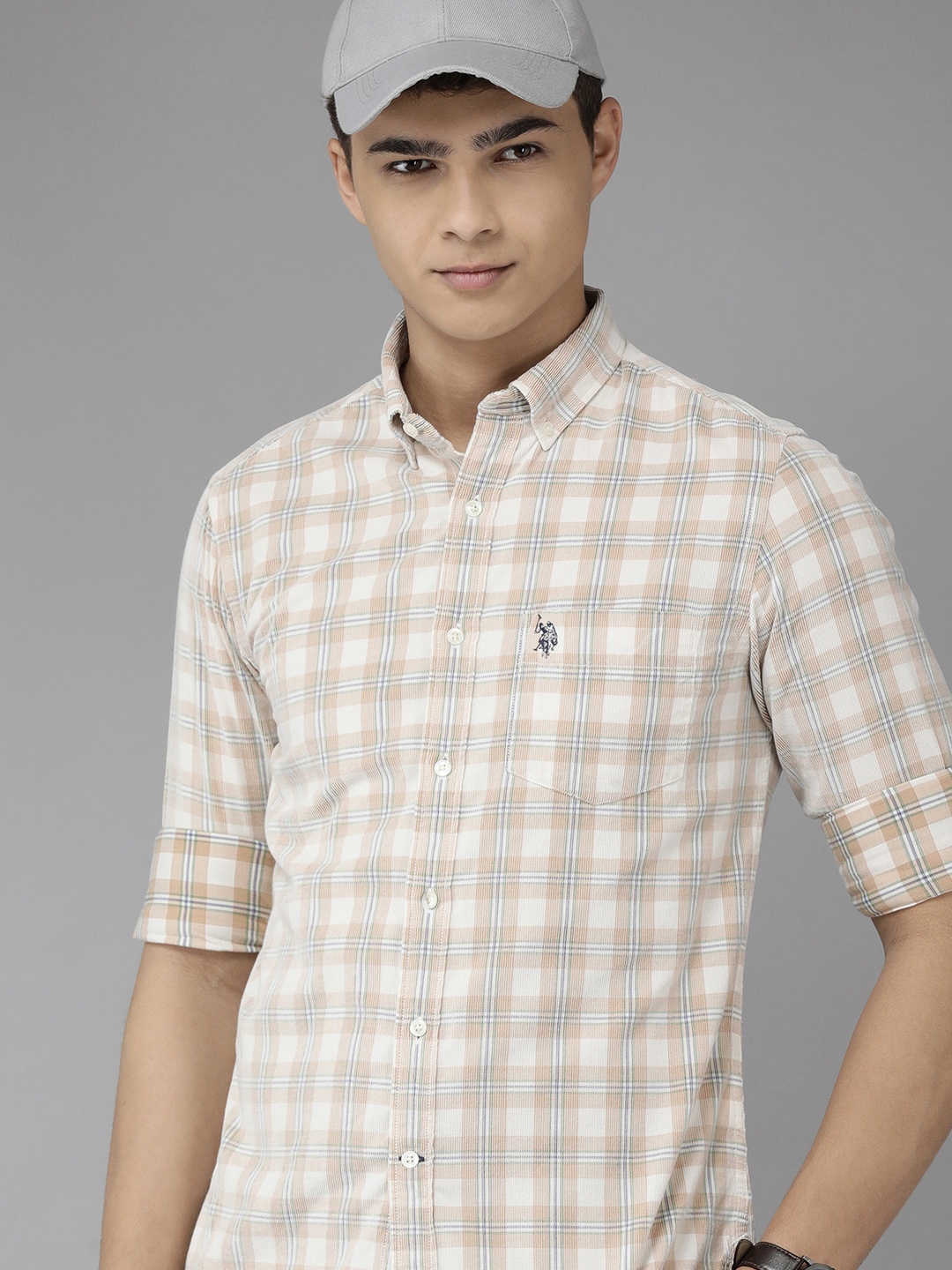 

U S Polo Assn Men Beige Checked Pure Cotton Casual Shirt
