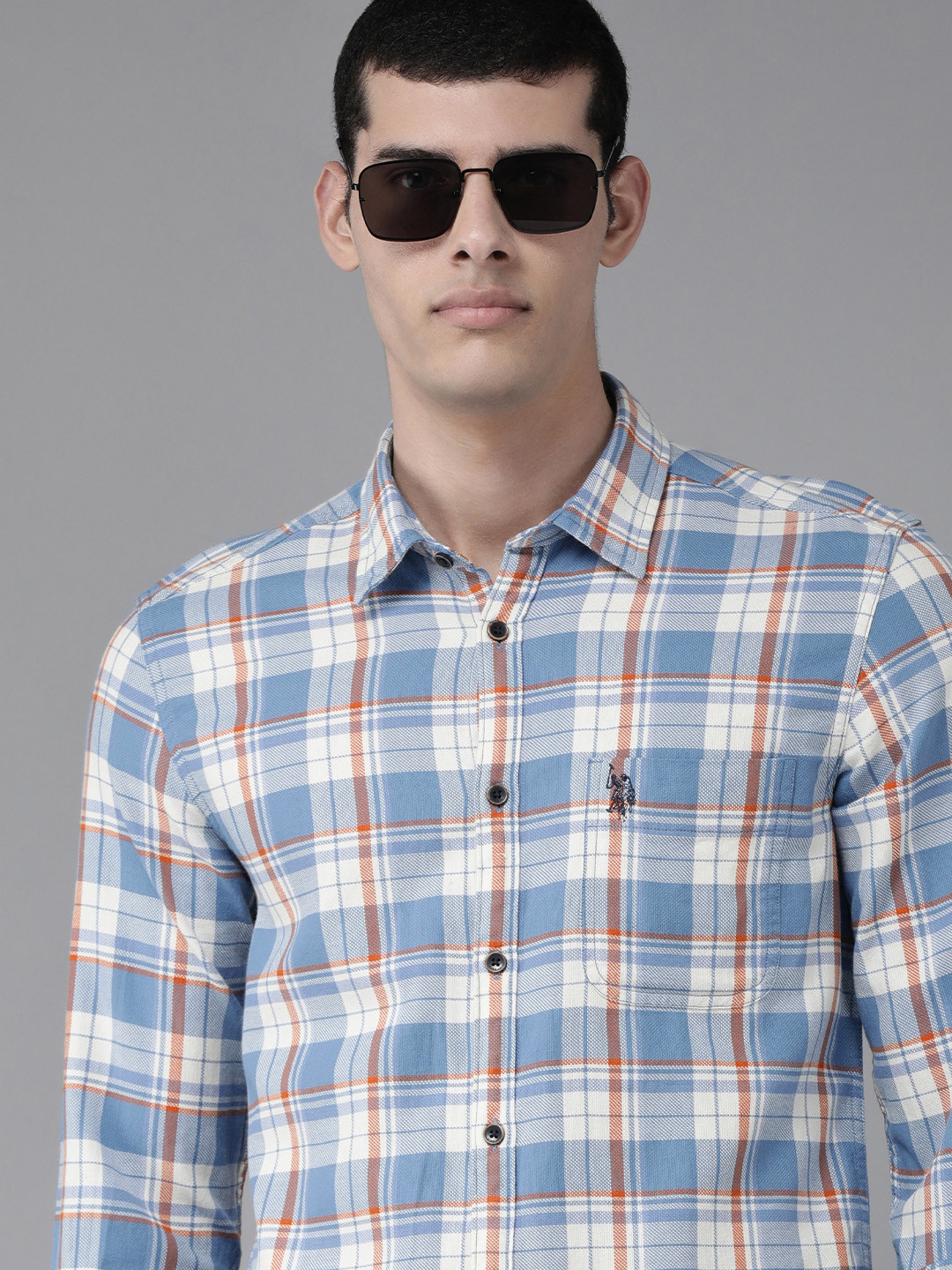 

U S Polo Assn Denim Co Men Blue And Orange Slim Fit Checked Pure Cotton Casual Shirt