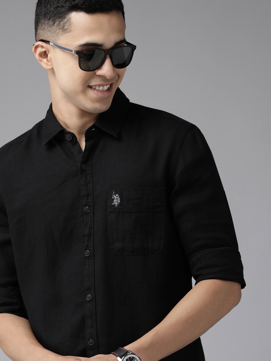 

U S Polo Assn Denim Co Men Black Solid Slim Fit Pure Cotton Casual Shirt