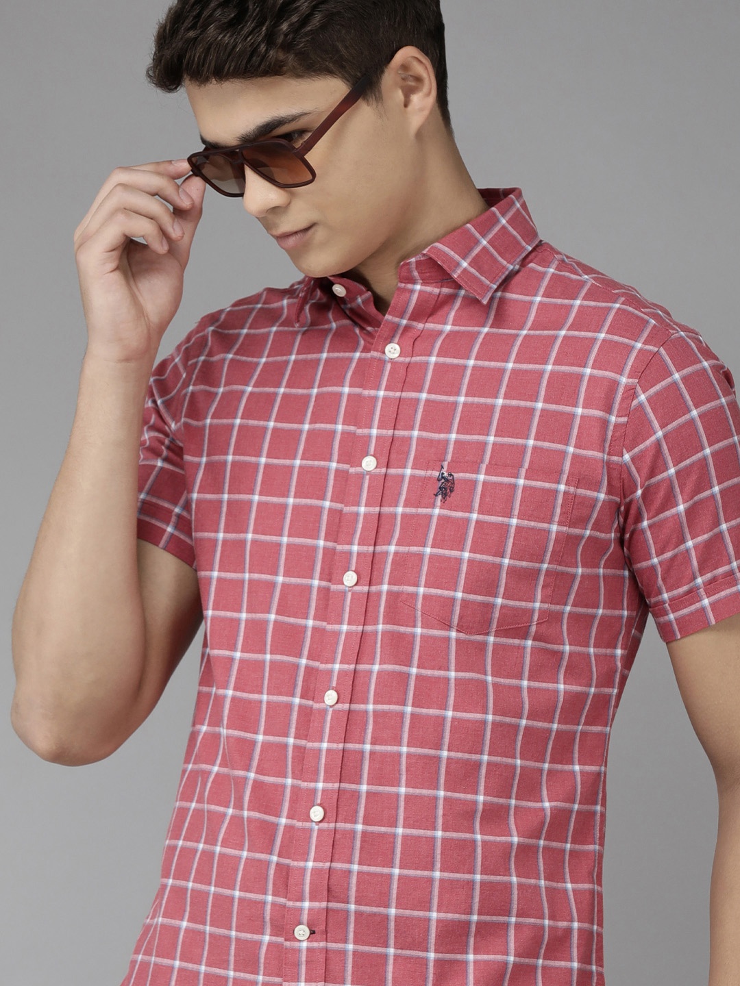 

U S Polo Assn Men Red Checked Pure Cotton Casual Shirt