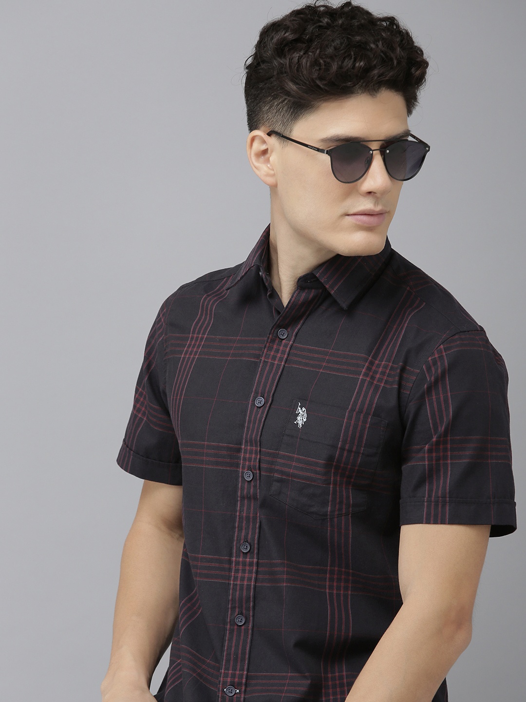 

U S Polo Assn Men Navy Blue Windowpane Checks Pure Cotton Casual Shirt