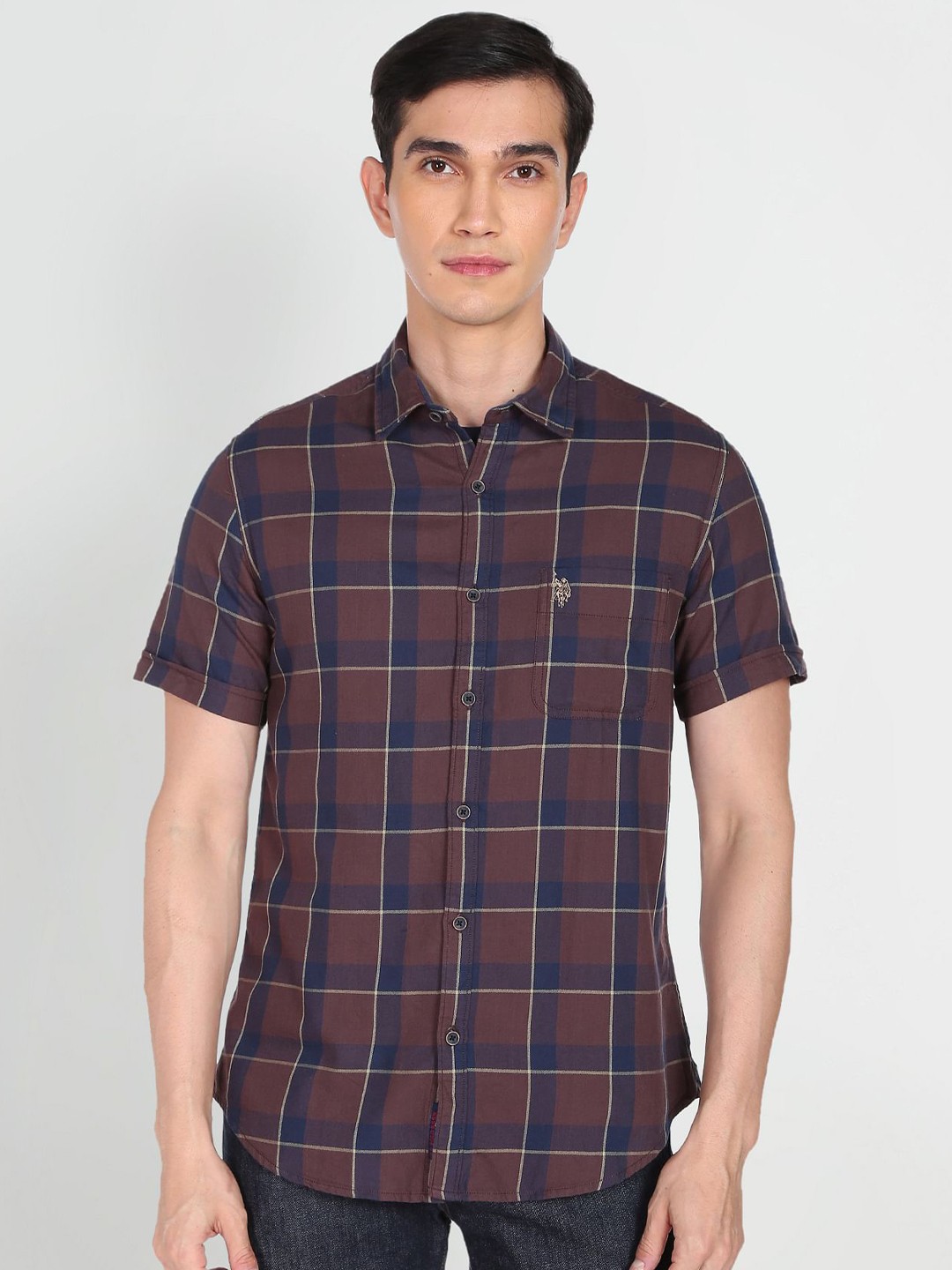 

U S Polo Assn Denim Co Men Rust Brown & Navy Blue Slim Fit Checked Cotton Casual Shirt