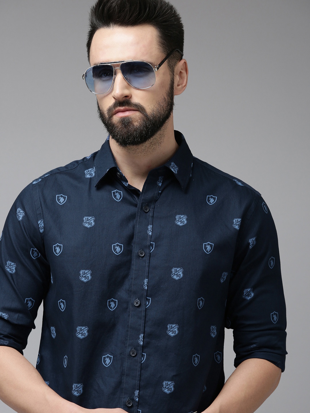 

U.S. Polo Assn. Men Navy Blue Tailored Fit Printed Pure Cotton Casual Shirt