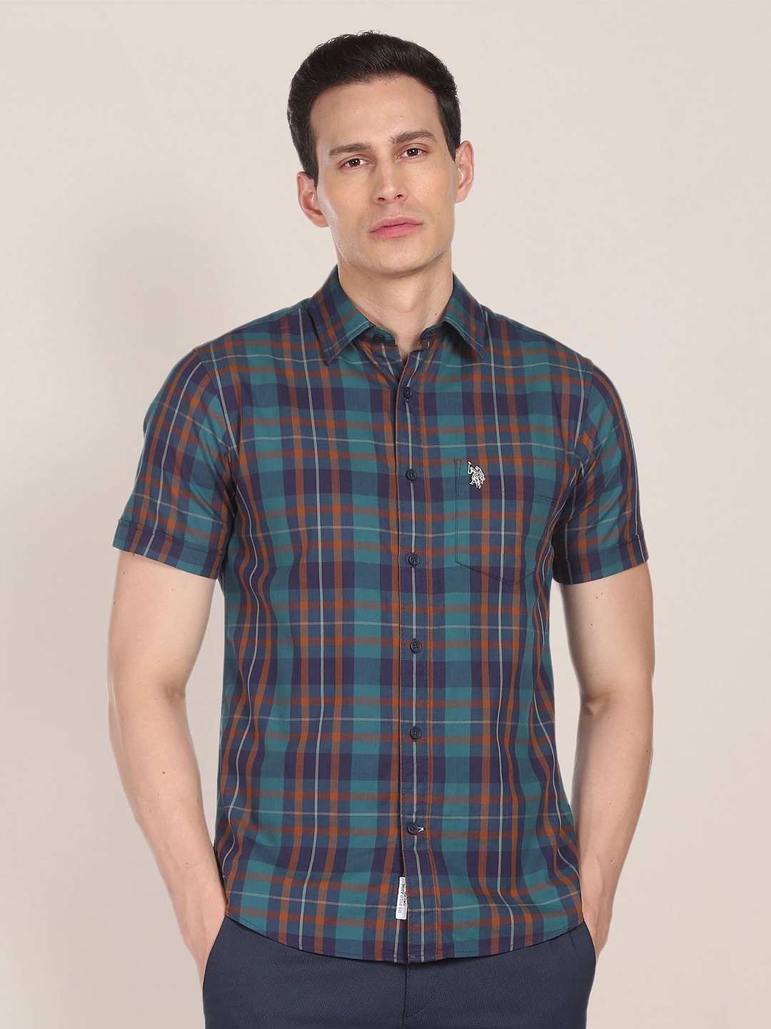 

U.S. Polo Assn. Men Teal Blue Tartan Checked Pure Cotton Casual Shirt