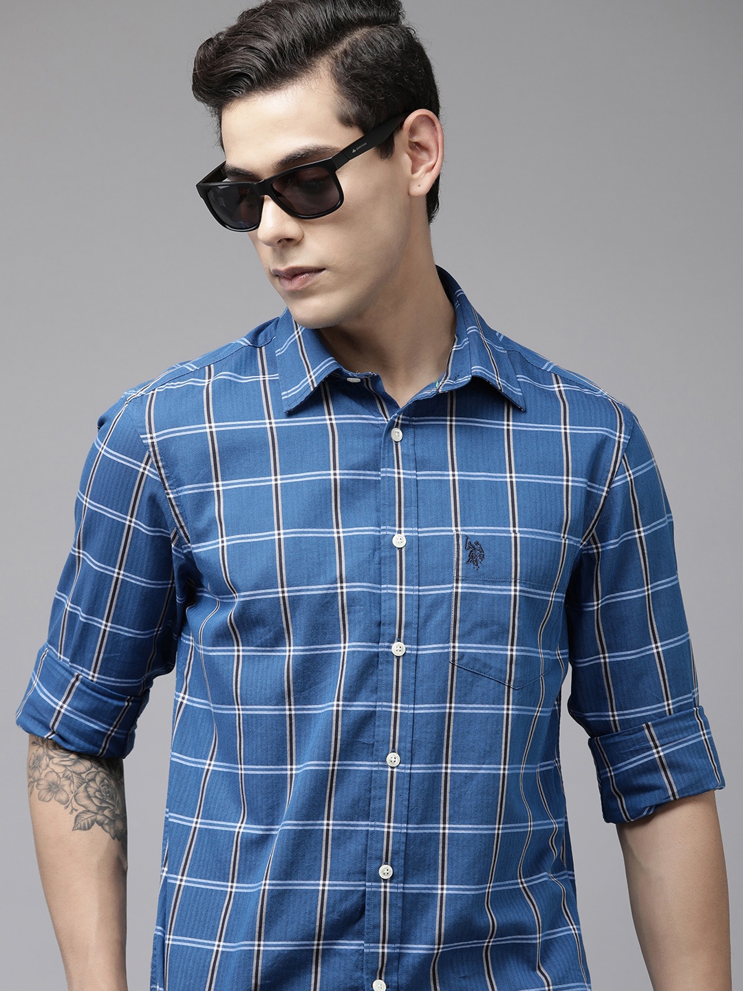 

U S Polo Assn Men Blue Windowpane Checked Pure Cotton Slim-Fit Casual Shirt