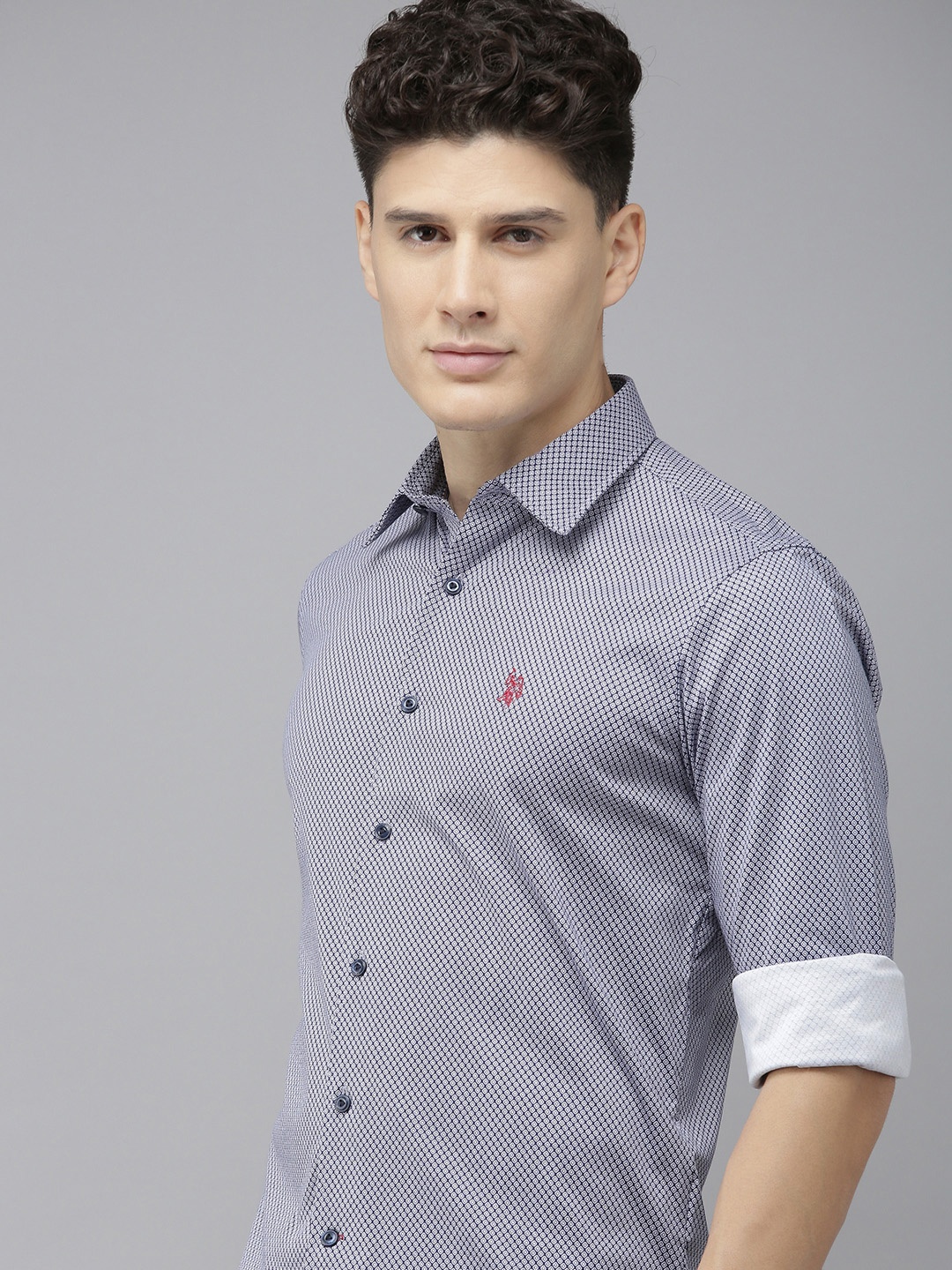 

U S Polo Assn Men Navy Blue And White Tailored Fit Printed Pure Cotton Casual Shirt