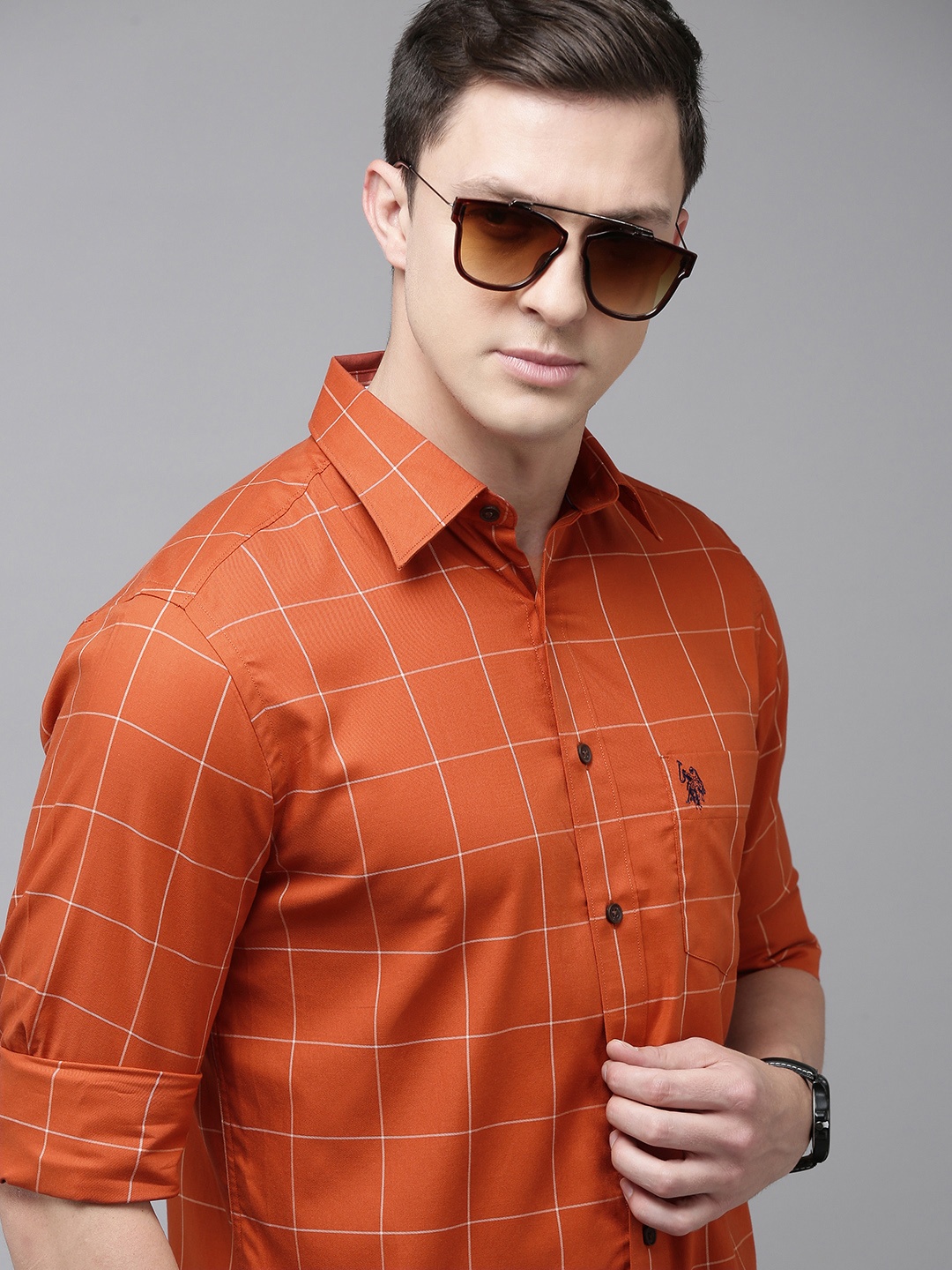 

U S Polo Assn Men Rust Orange & White Tailored Fit Checked Pure Cotton Casual Shirt