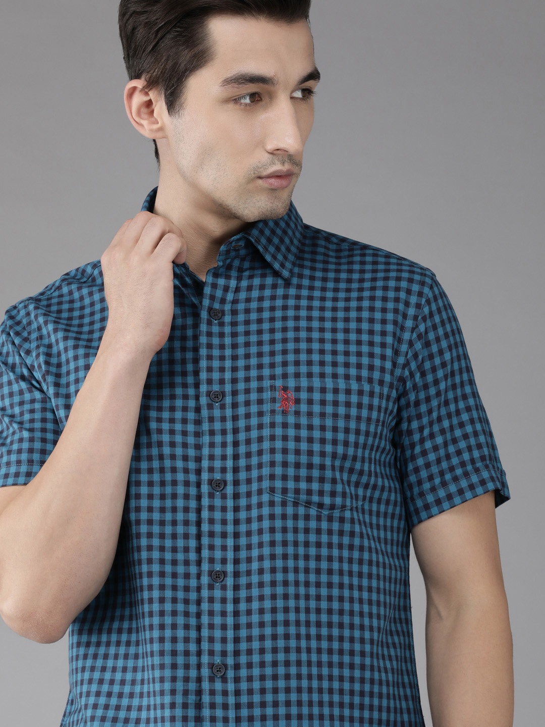 

U S Polo Assn Men Blue Tailored Fit Gingham Checks Pure Cotton Casual Shirt