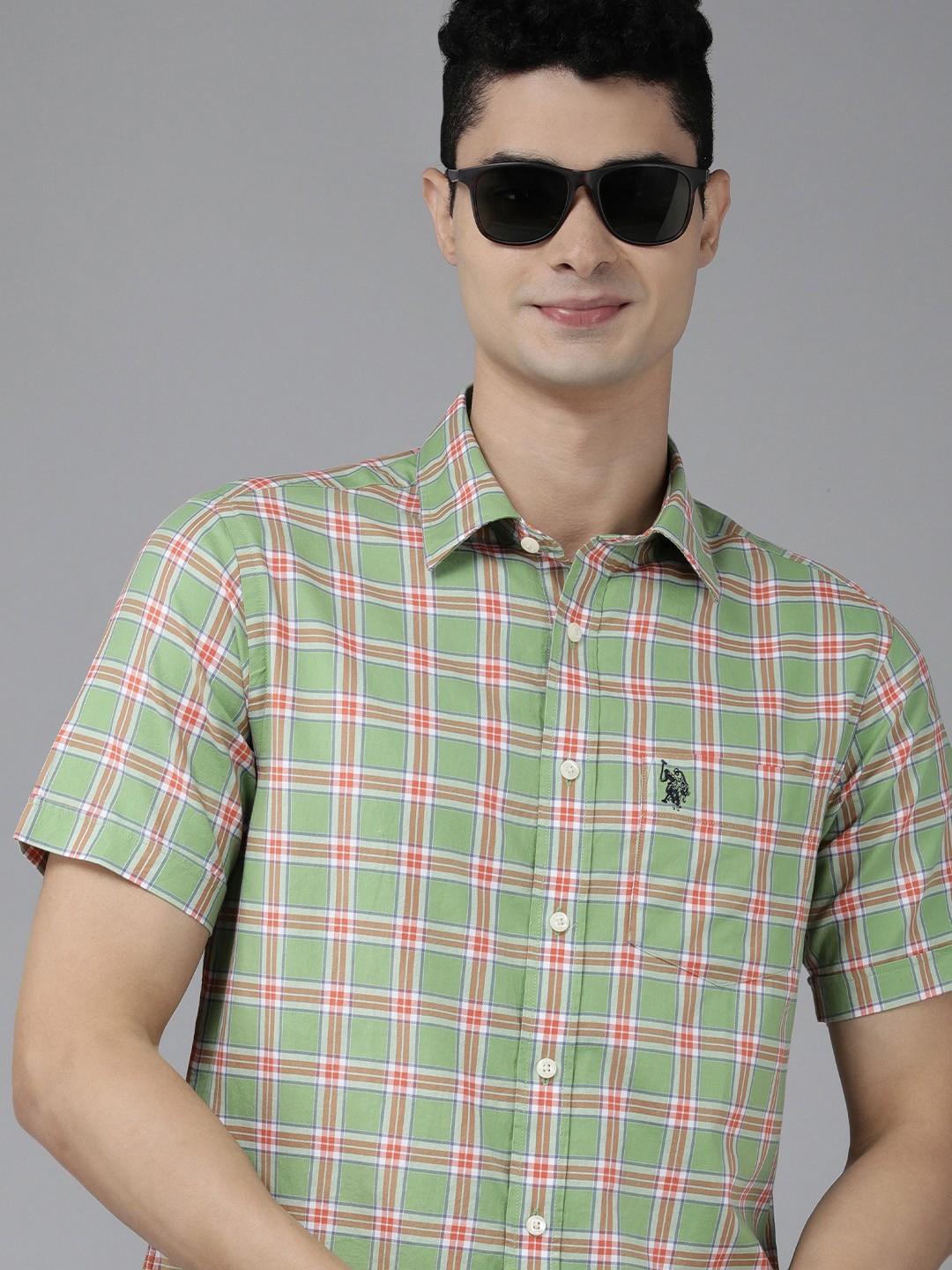 

U S Polo Assn Men Green & Red Tailored Fit Tartan Checked Pure Cotton Casual Shirt