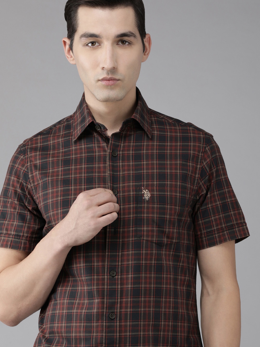 

U S Polo Assn Men Coffee Brown & Red Tailored Fit Checked Pure Cotton Casual Shirt