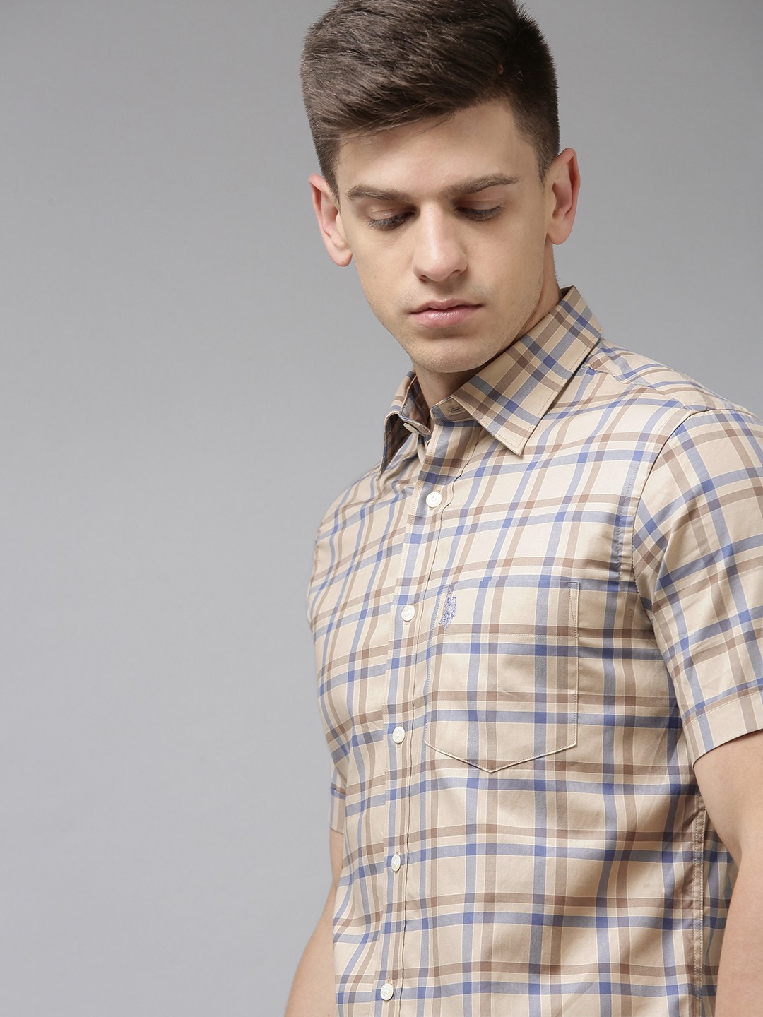 

U S Polo Assn Men Beige And Blue Tailored Fit Tartan Checked Pure Cotton Casual Shirt