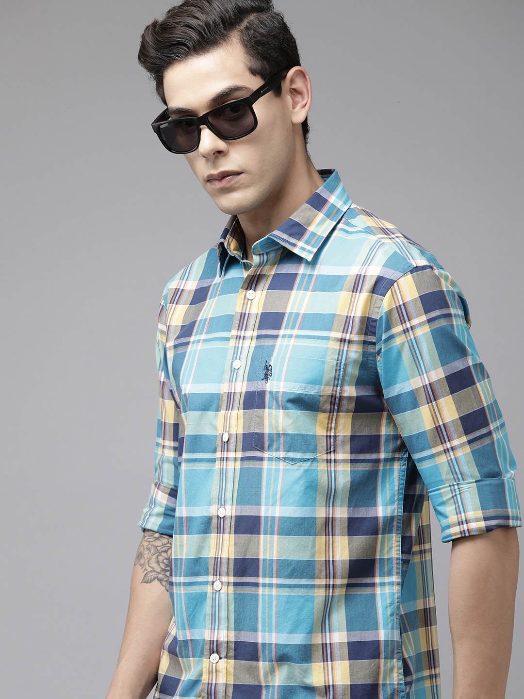 

U S Polo Assn Men Blue Checked Pure Cotton Casual Shirt