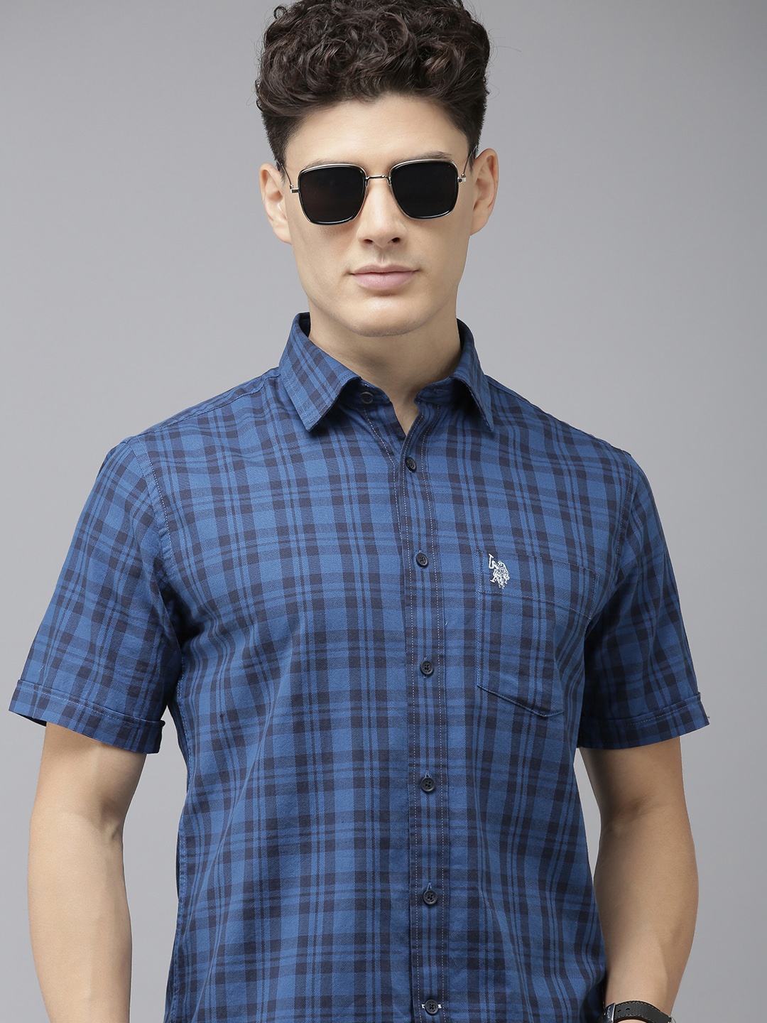 

U S Polo Assn Men Navy Blue Tartan Checks Pure Cotton Casual Shirt