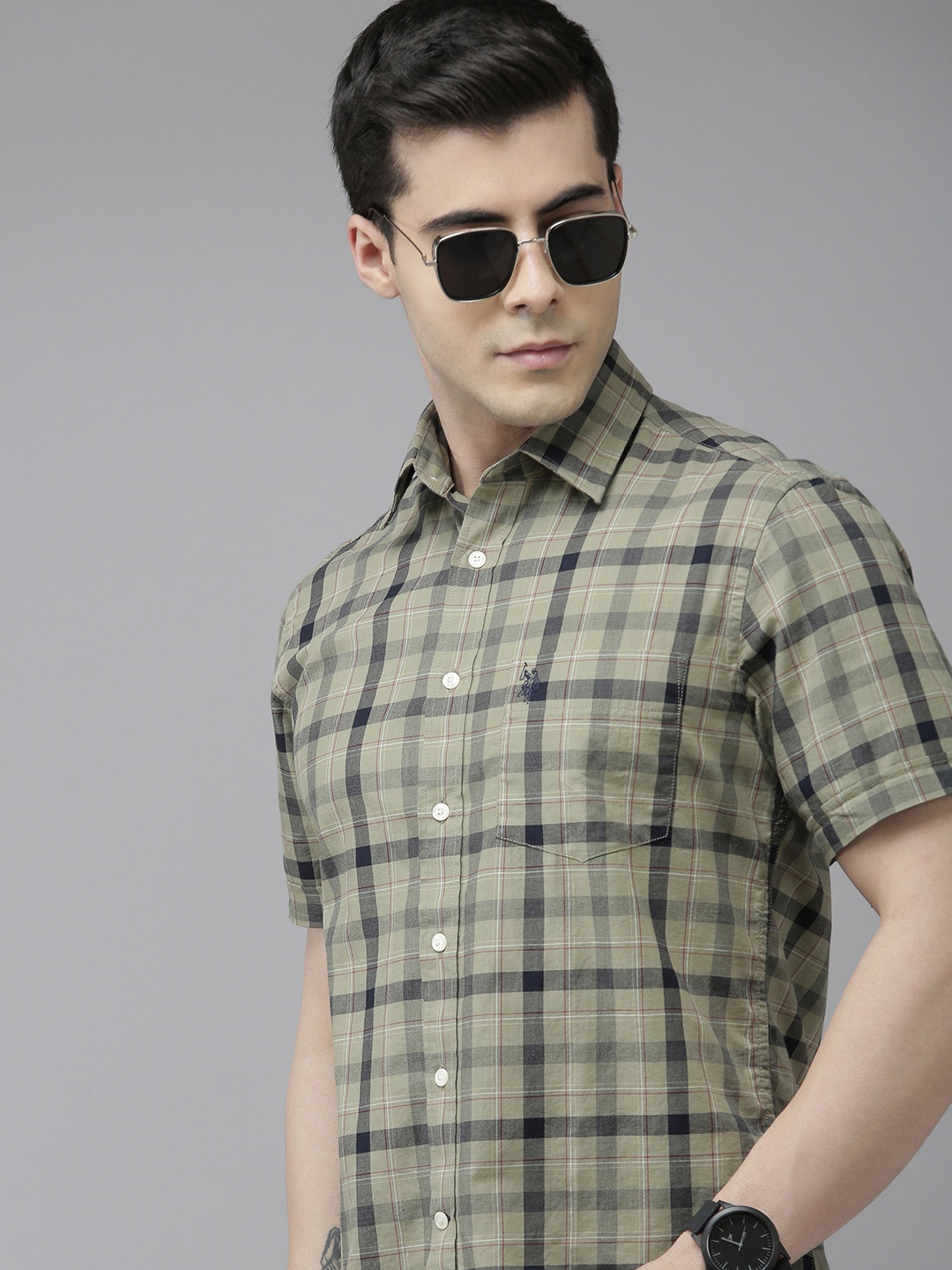 

U.S. Polo Assn. Men Khaki Checked Pure Cotton Casual Shirt