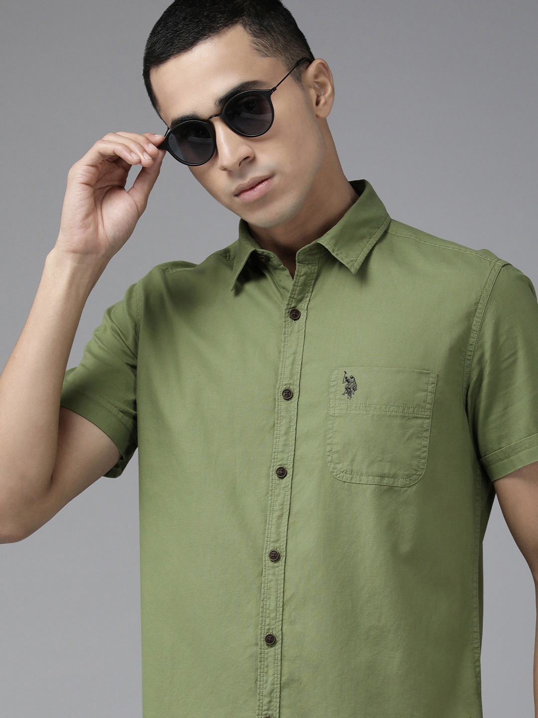 

U S Polo Assn Denim Co Men Olive Green Solid Slim Fit Pure Cotton Casual Shirt