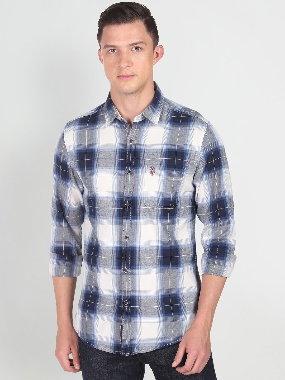 

U S Polo Assn Denim Co Men Blue And White Slim Fit Checked Pure Cotton Casual Shirt