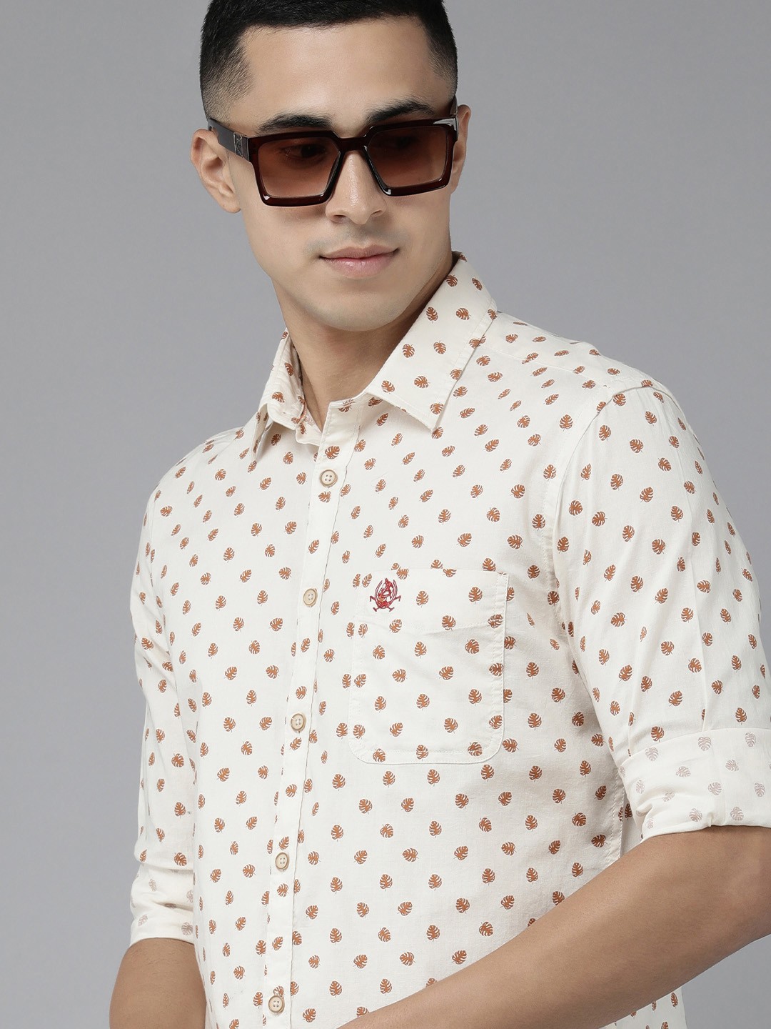 

U S Polo Assn Denim Co Men Off White Slim Fit Printed Pure Cotton Casual Shirt