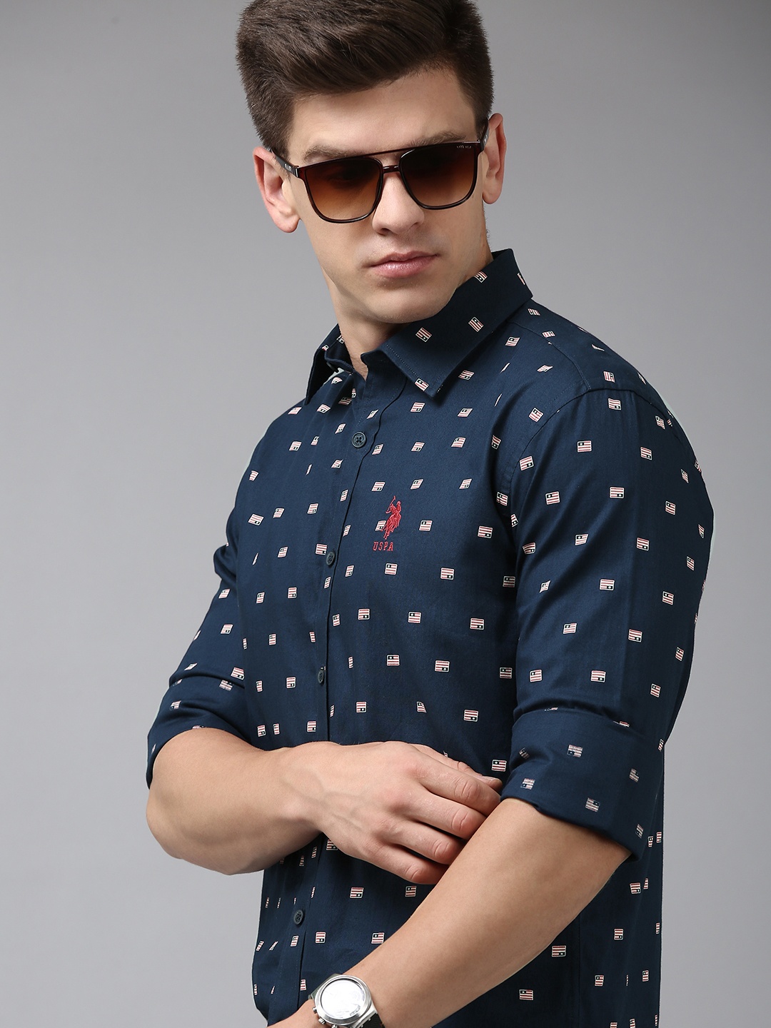 

U S Polo Assn Men Tailored Fit Conversational Printed Pure Cotton Casual Shirt, Navy blue