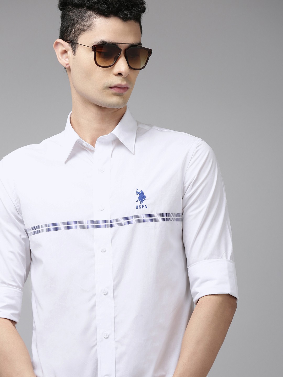 

U S Polo Assn Men White Tailored Fit Horizontal Striped Pure Cotton Casual Shirt