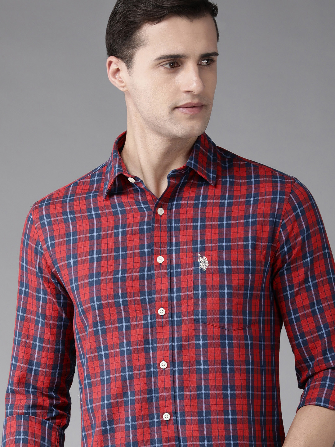 

U S Polo Assn Men Red Checked Pure Cotton Casual Shirt