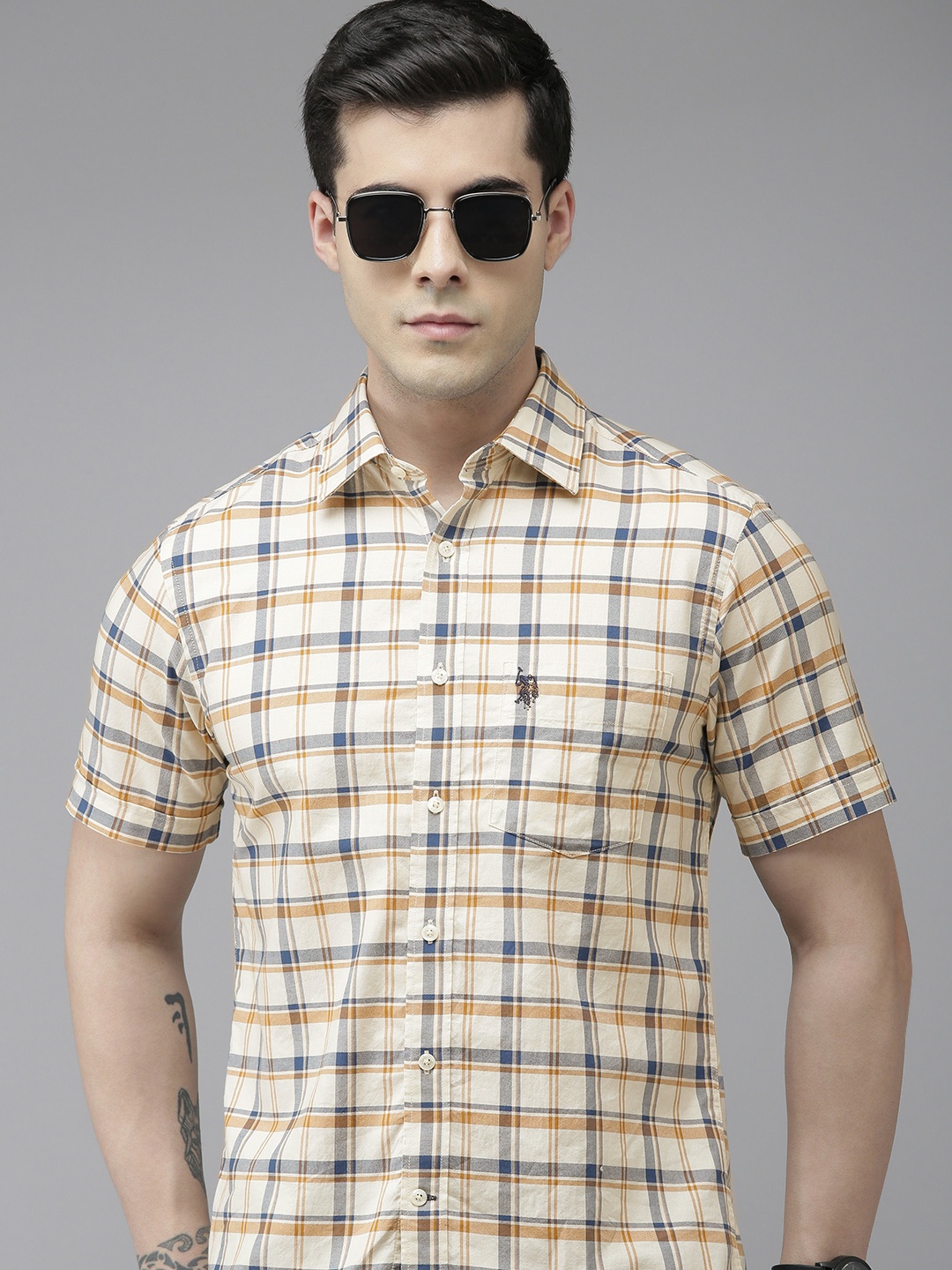 

U.S. Polo Assn. Men Off-White Checked Pure Cotton Casual Shirt