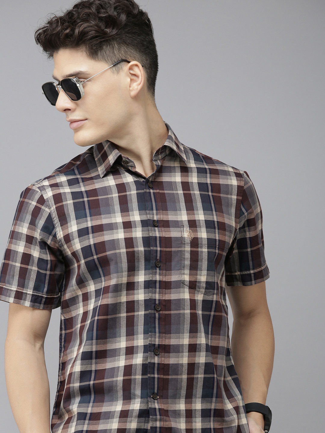 

U S Polo Assn Men Blue And Brown Tailored Fit Checked Pure Cotton Casual Shirt