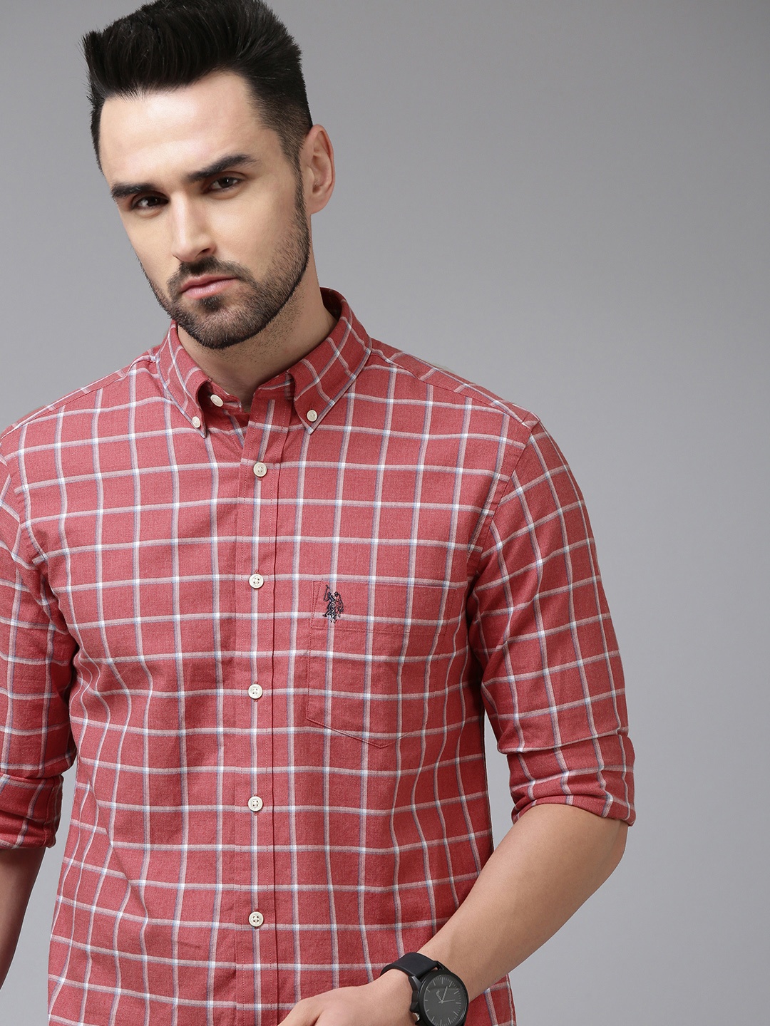 

U S Polo Assn Men Red & White Tailored Fit Checked Pure Cotton Casual Shirt