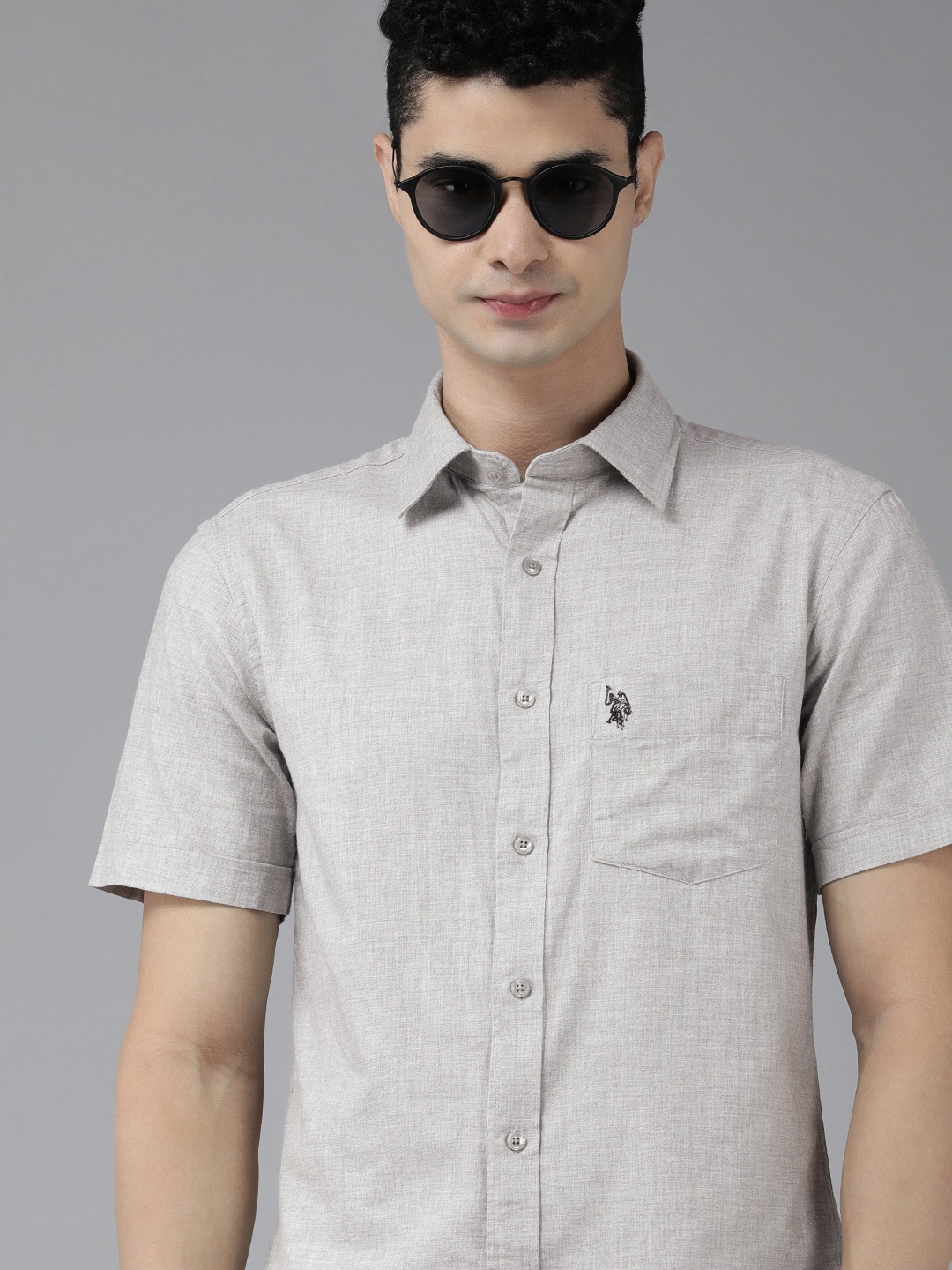

U S Polo Assn Men Grey Solid Tailored Fit Pure Cotton Casual Shirt