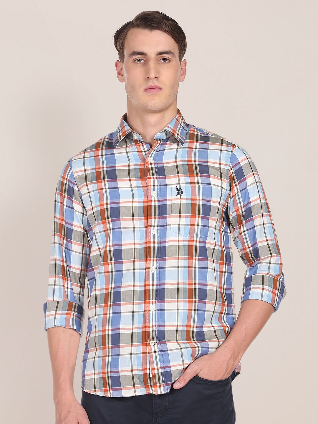 

U S Polo Assn Men Blue Tailored Fit Checked Pure Cotton Casual Shirt