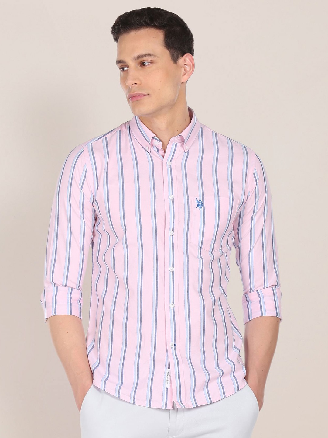 

U S Polo Assn Men Pink & Blue Tailored Fit Striped Pure Cotton Casual Shirt