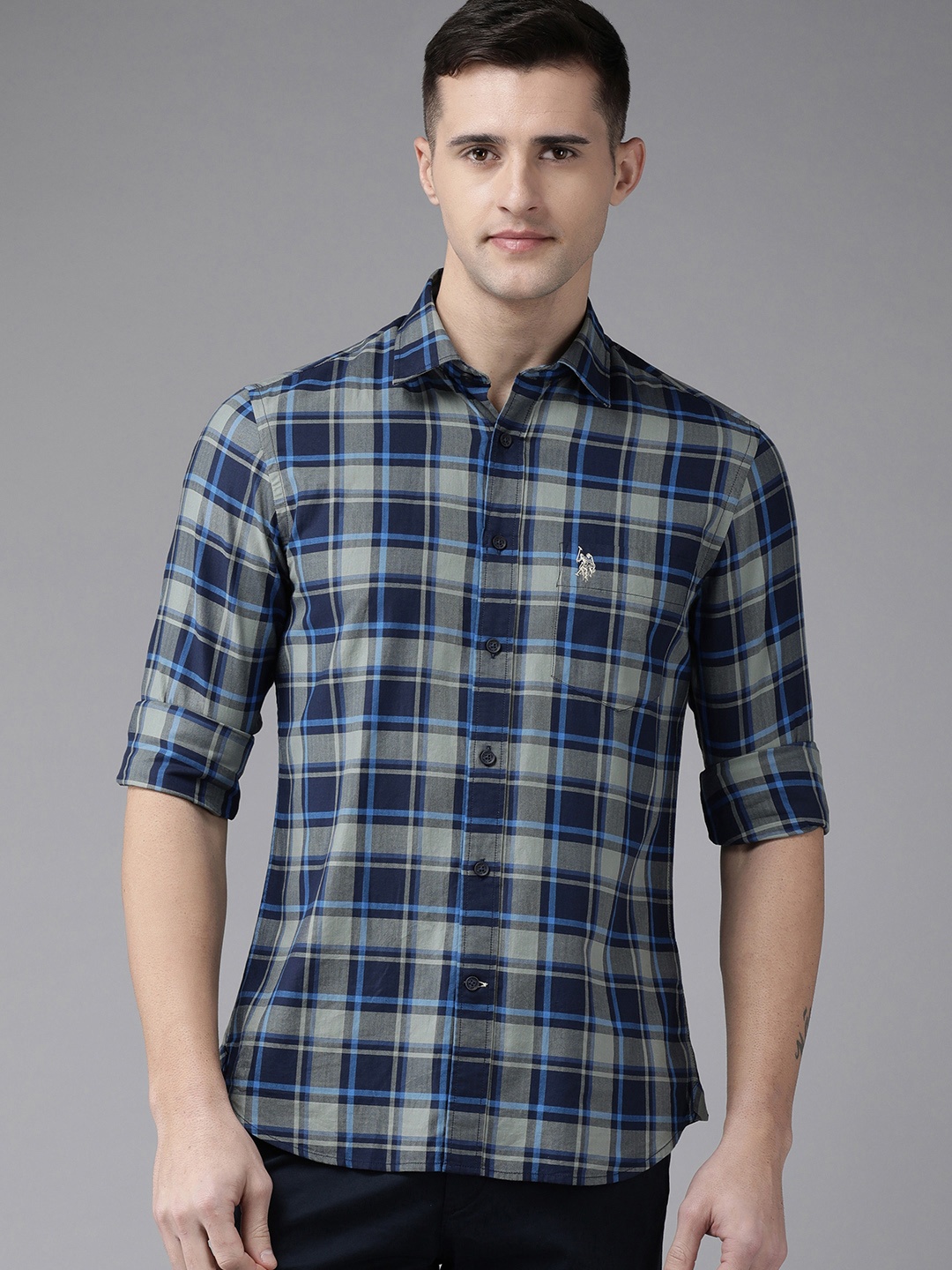 

U.S. Polo Assn. Men Navy Blue Checked Pure Cotton Casual Shirt