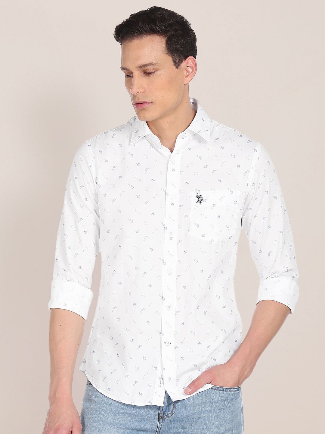 

U S Polo Assn Men White Printed Pure Cotton Casual Shirt