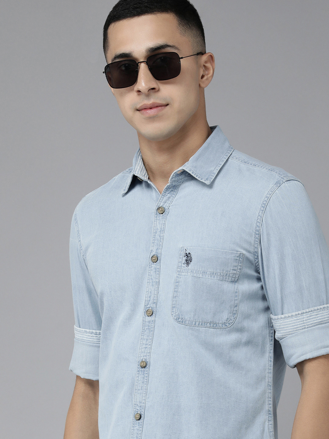 

U S Polo Assn Denim Co Men Light Blue Solid Slim Fit Pure Cotton Casual Shirt