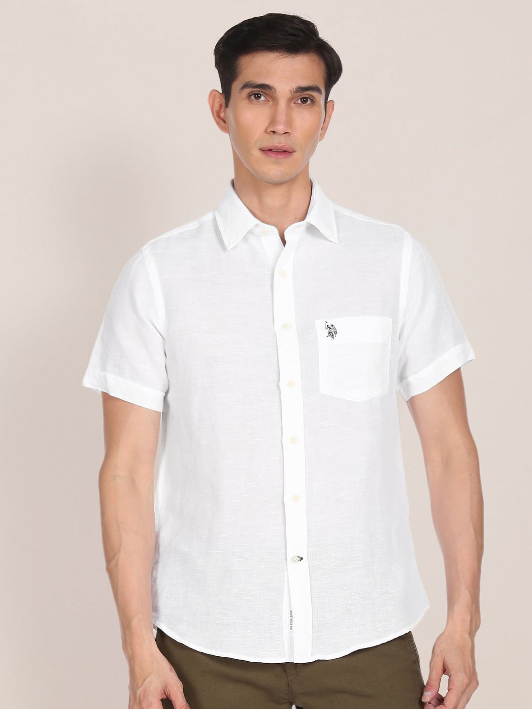 

U S Polo Assn Men White Solid Tailored Fit Cotton Linen Casual Shirt