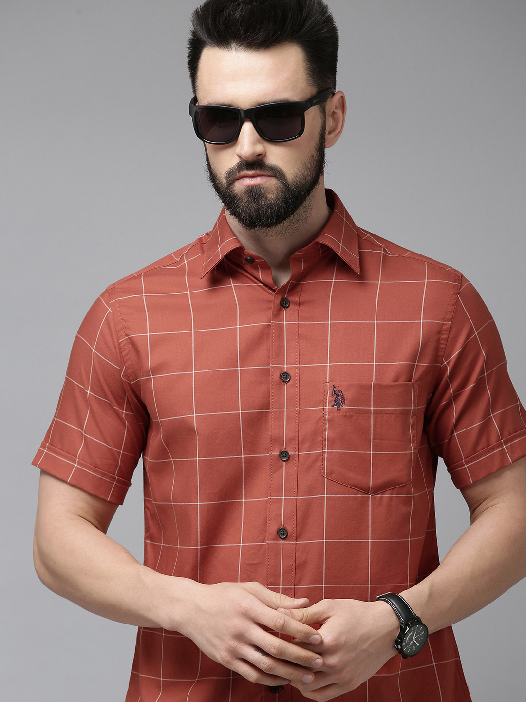 

U.S. Polo Assn. Men Rust Tailored Fit Checked Pure Cotton Casual Shirt