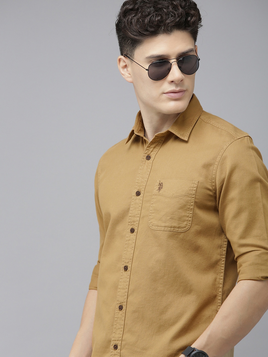 

U S Polo Assn Denim Co Men Khaki Pure Cotton Slim Fit Casual Shirt