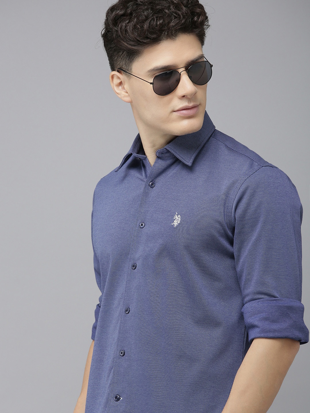 

U S Polo Assn Men Blue Self Design Textured Tailored Fit Pure Cotton Casual Shirt