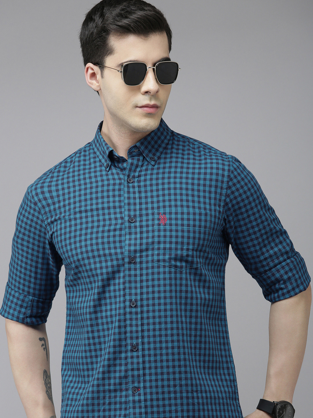 

U.S. Polo Assn. Men Teal Blue Gingham Checked Casual Shirt
