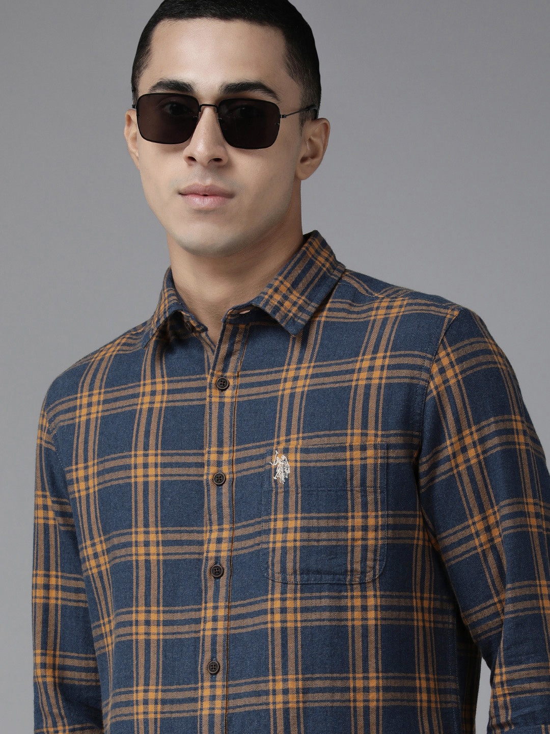 

U S Polo Assn Denim Co Men Navy Blue Slim Fit Checked Casual Shirt