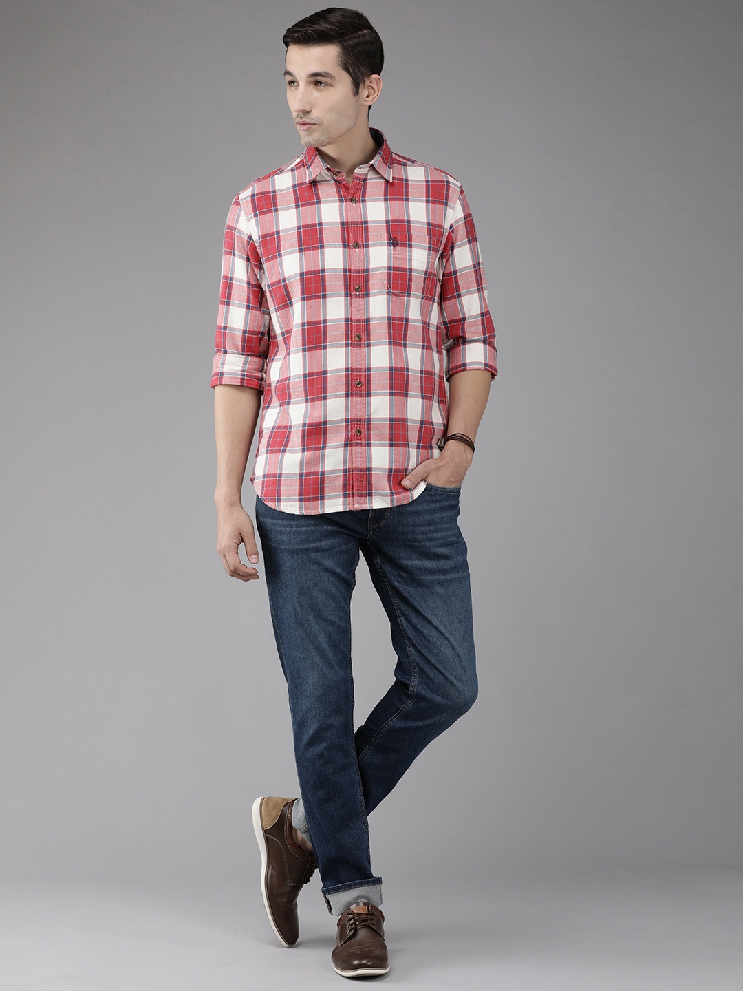 

U S Polo Assn Denim Co Men Red Slim Fit Pure Cotton Checked Casual Shirt