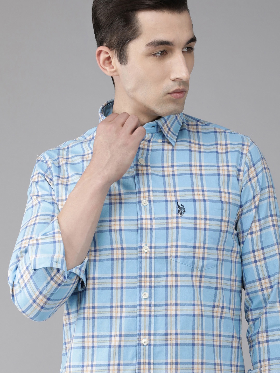 

U S Polo Assn Men Blue & Yellow Tailored Fit Checked Pure Cotton Casual Shirt