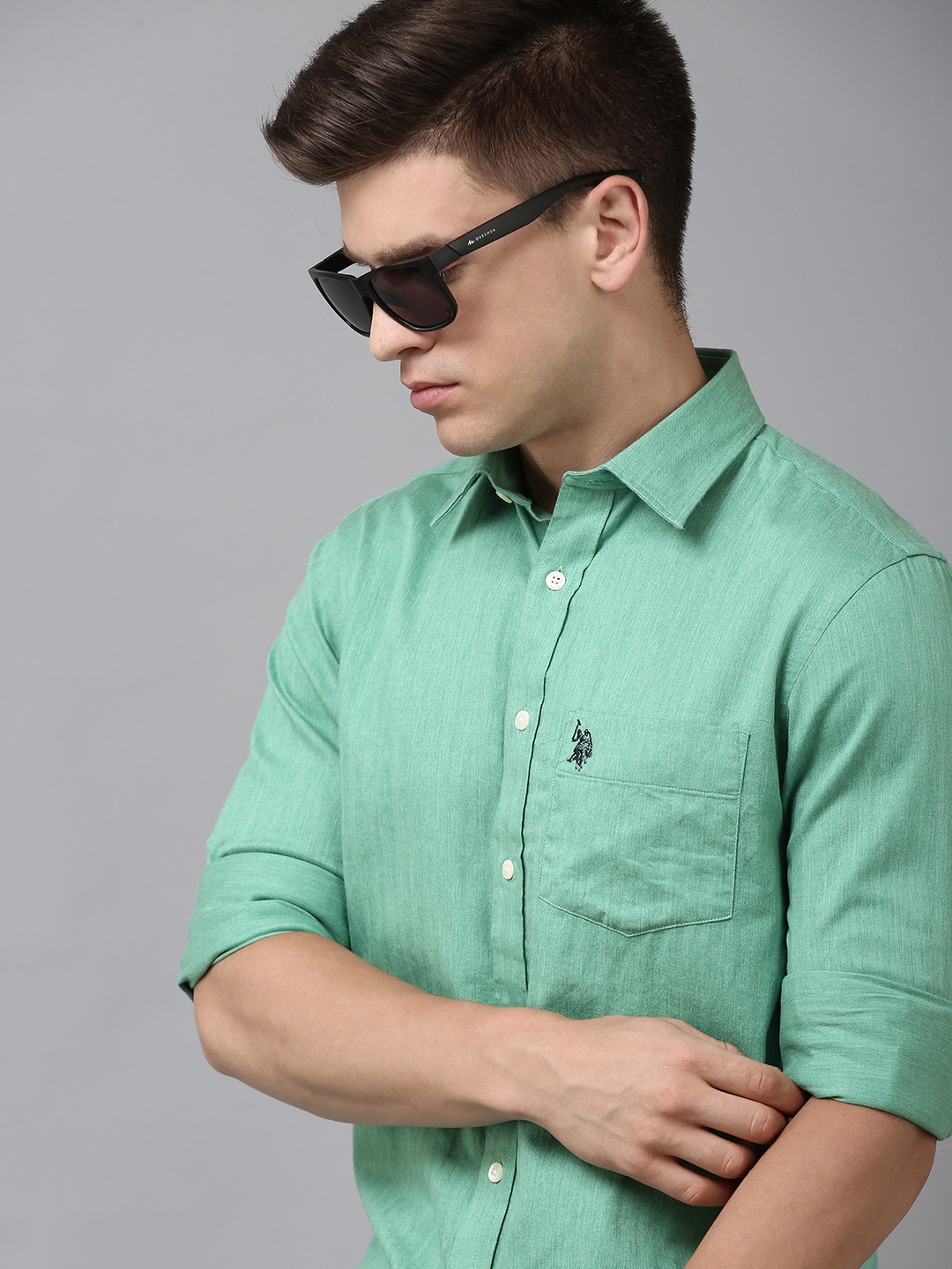 

U S Polo Assn Men Solid Tailored Fit Pure Cotton Casual Shirt, Sea green