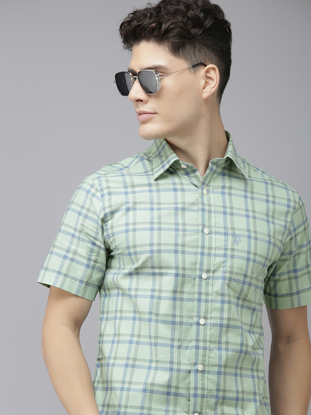 

U S Polo Assn Men Green Tartan Checks Pure Cotton Casual Shirt