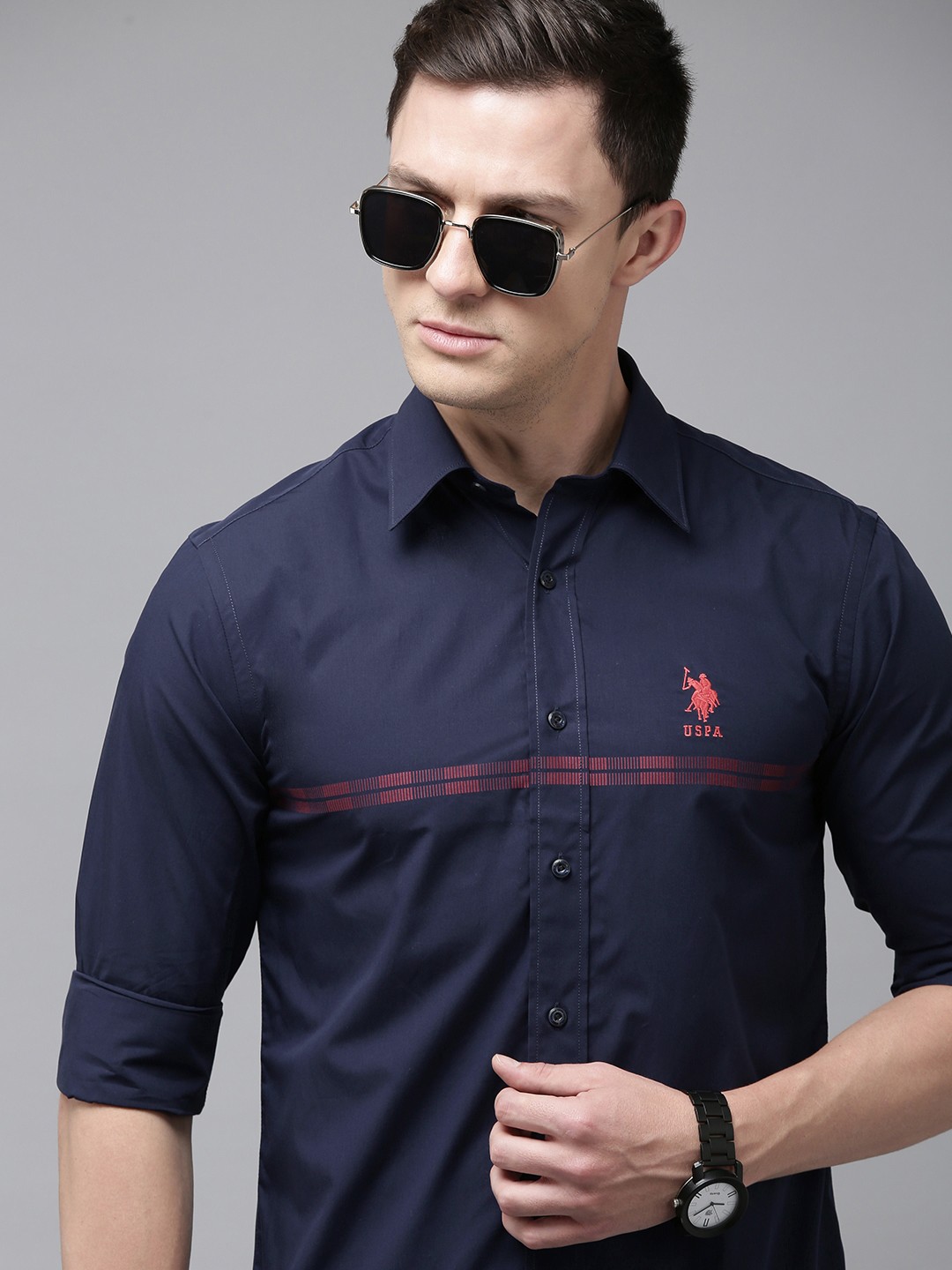 

U S Polo Assn Men Navy Blue Tailored Fit Pure Cotton Casual Shirt
