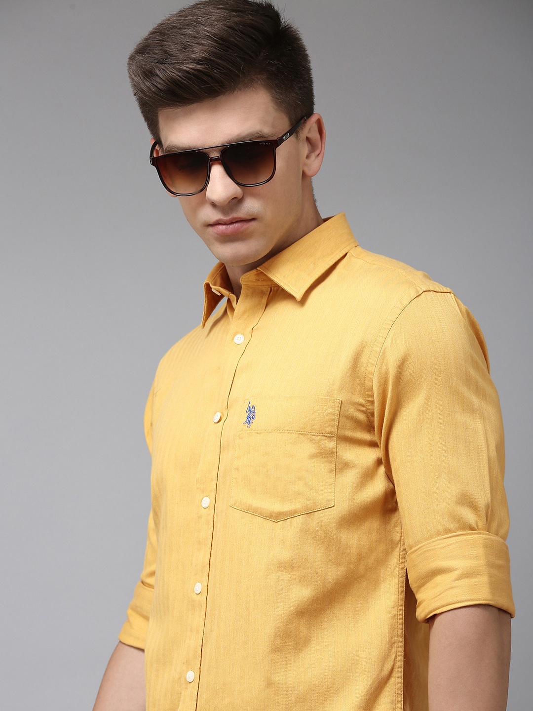 

U S Polo Assn Men Self Design Textured Tailored Fit Pure Cotton Casual Shirt, Mustard