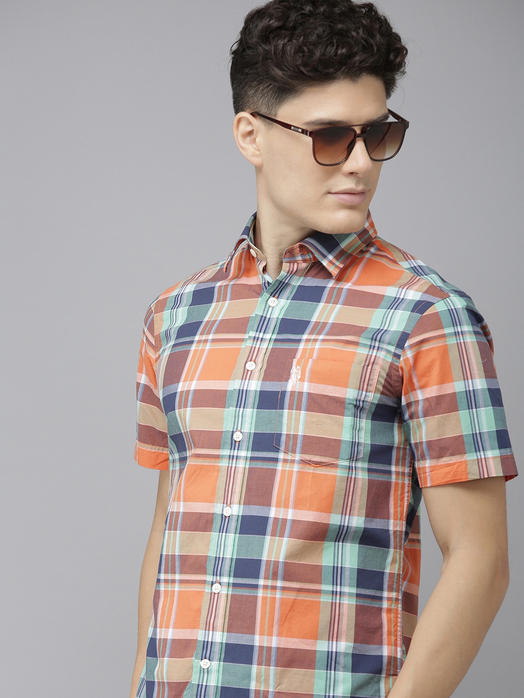 

U S Polo Assn Men Orange Grid Tattersall Checks Pure Cotton Casual Shirt